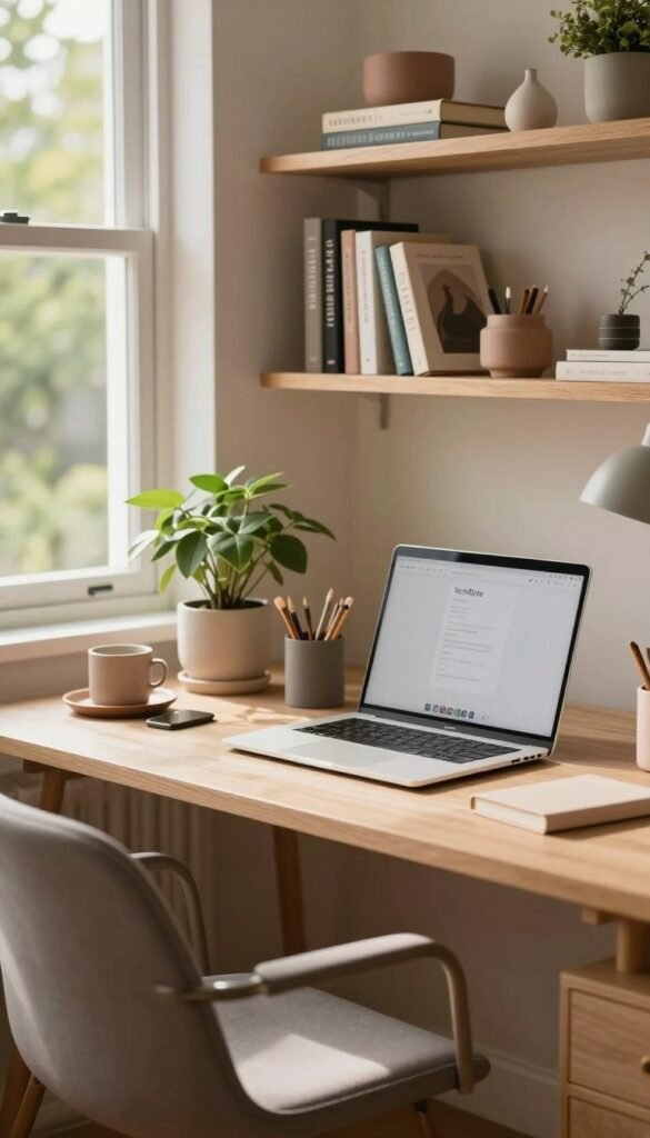 A well-organized home office workspace, focusing on a clean and clutter-free desk with a modern laptop, stylish stationery, and a soothing potted plant. Soft, warm natural light spills in through a nearby window, highlighting the harmonious blend of earthy tones and pastel colors. In the foreground, a sleek chair sits invitingly, while the middle section showcases shelves filled with neatly arranged books and decorative items, emphasizing productivity. In the background, a calm view of green trees can be seen through the window, suggesting a peaceful outdoor environment. The atmosphere is serene and conducive to focus, representing the importance of an orderly workspace. Include a subtle branding element of "TechKiste" on the laptop screen.