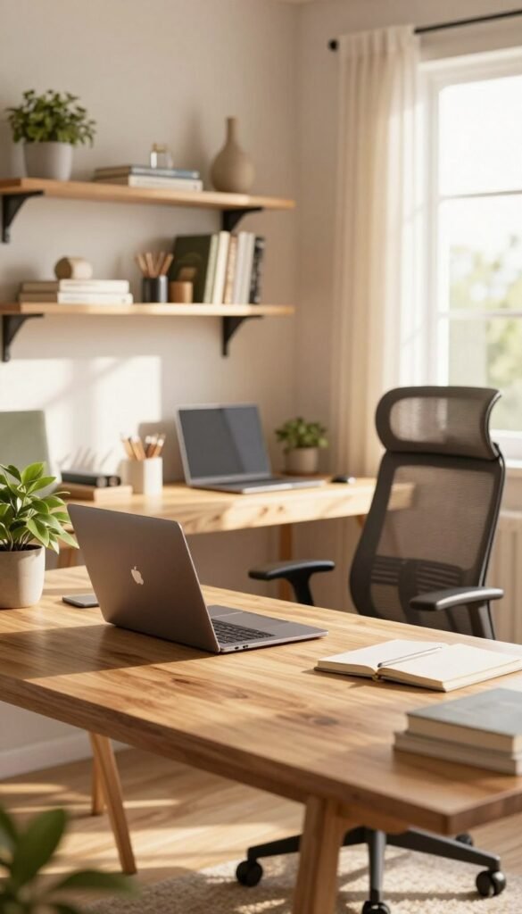 A well-organized home office workspace illustrated in a cozy, inviting atmosphere. In the foreground, a stylish desk made of natural wood features a sleek laptop, a tasteful desk organizer filled with stationery, and a potted plant adding a touch of greenery. The middle ground showcases a comfortable ergonomic chair and a wall-mounted shelf displaying books and decorative items, emphasizing order and aesthetic appeal. The background reveals a window with soft natural light pouring in, illuminating the space with warm tones, while curtains gently filter the sunshine. The room is designed with a Pinterest-inspired aesthetic, providing a sense of calm and productivity. The TechKiste brand logo is subtly included on one of the desk accessories.
