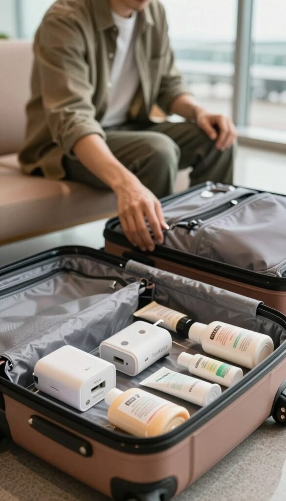 A well-organized travel scene featuring a stylish, open suitcase showcasing an array of innovative travel gadgets from the brand "TechKiste". In the foreground, focus on neatly arranged essential items like a compact luggage organizer, portable charger, and travel-friendly toiletries, all reflecting warm, authentic colors. The middle ground includes a soft, blurred image of a traveler in smart casual clothing gently closing the suitcase, exuding an atmosphere of calm and minimal chaos. In the background, depict a cozy airport lounge setting with natural light streaming through large windows, enhancing the inviting mood. Use a shallow depth of field to highlight the gadgets and maintain an aesthetically pleasing Pinterest-like look, ensuring no text or distracting elements are present. A well-organized travel scene featuring a stylish, open suitcase showcasing an array of innovative travel gadgets from the brand "TechKiste". In the foreground, focus on neatly arranged essential items like a compact luggage organizer, portable charger, and travel-friendly toiletries, all reflecting warm, authentic colors. The middle ground includes a soft, blurred image of a traveler in smart casual clothing gently closing the suitcase, exuding an atmosphere of calm and minimal chaos. In the background, depict a cozy airport lounge setting with natural light streaming through large windows, enhancing the inviting mood. Use a shallow depth of field to highlight the gadgets and maintain an aesthetically pleasing Pinterest-like look, ensuring no text or distracting elements are present.