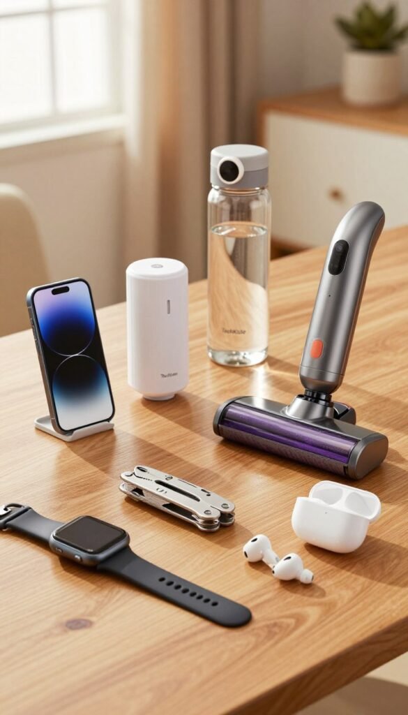 A well-organized workspace desk featuring a selection of seven practical gadgets, each in its unique setting to illustrate their intended use. In the foreground, focus on a sleek smartwatch, a multi-tool gadget, and compact wireless earbuds, all placed on a natural wood surface. In the middle ground, display a portable phone charger, a smart water bottle, and a mini vacuum cleaner, showcasing their functionality with slight reflections on a polished surface. In the background, a cozy home setting with soft, warm lights, subtly illuminated by a nearby window, creates an inviting atmosphere. The image has a Pinterest-inspired look with natural colors and a harmonious composition, capturing the essence of innovation with the brand name "TechKiste" implied through the gadgets. The angle should be slightly elevated, giving a comprehensive view without clutter, ensuring a clean and professional appearance.