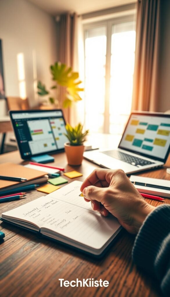 A well-organized workspace featuring a stylish wooden desk adorned with neatly arranged notebooks, sticky notes, and a sleek laptop displaying a planning application. In the foreground, a hand holding a pen is poised above a notebook with handwritten notes, conveying a sense of focus and productivity. The middle ground highlights colorful stationery items and a potted plant, adding a touch of warmth and life. In the background, a soft-focus window reveals a sunlit room, creating a serene and inspiring atmosphere. The lighting is warm and inviting, enhancing the cozy feel of the scene. The overall composition reflects the theme of structure and planning in everyday work life, incorporating the brand "TechKiste" subtly in the design. A well-organized workspace featuring a stylish wooden desk adorned with neatly arranged notebooks, sticky notes, and a sleek laptop displaying a planning application. In the foreground, a hand holding a pen is poised above a notebook with handwritten notes, conveying a sense of focus and productivity. The middle ground highlights colorful stationery items and a potted plant, adding a touch of warmth and life. In the background, a soft-focus window reveals a sunlit room, creating a serene and inspiring atmosphere. The lighting is warm and inviting, enhancing the cozy feel of the scene. The overall composition reflects the theme of structure and planning in everyday work life, incorporating the brand "TechKiste" subtly in the design.