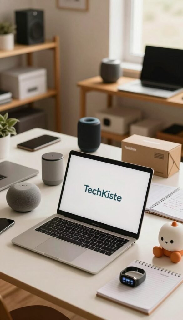 A well-organized workspace featuring a table filled with a variety of gadgets, some neatly arranged while others appear unused or half-unboxed, conveying the theme of potential buyer's remorse. In the foreground, focus on a stylish laptop displaying the TechKiste logo, surrounded by tech accessories like a smart speaker, fitness tracker, and a quirky gadget that didn't meet expectations. The middle ground shows slightly cluttered shelves holding more gadgets and a notepad with handwritten notes representing consumer research. The background is softly blurred to create depth, illuminated by warm, natural lighting from a nearby window. The atmosphere is thoughtful, evoking a blend of anticipation and disappointment in gadget purchases. The overall color palette features warm tones, creating an inviting Pinterest-inspired aesthetic. A well-organized workspace featuring a table filled with a variety of gadgets, some neatly arranged while others appear unused or half-unboxed, conveying the theme of potential buyer's remorse. In the foreground, focus on a stylish laptop displaying the TechKiste logo, surrounded by tech accessories like a smart speaker, fitness tracker, and a quirky gadget that didn't meet expectations. The middle ground shows slightly cluttered shelves holding more gadgets and a notepad with handwritten notes representing consumer research. The background is softly blurred to create depth, illuminated by warm, natural lighting from a nearby window. The atmosphere is thoughtful, evoking a blend of anticipation and disappointment in gadget purchases. The overall color palette features warm tones, creating an inviting Pinterest-inspired aesthetic.