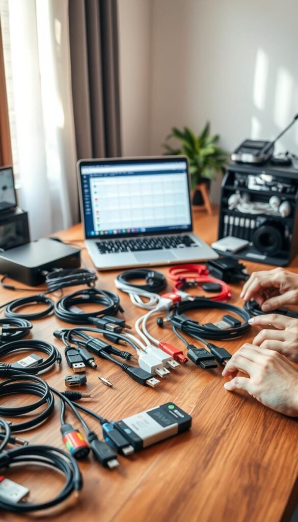 A well-organized workspace featuring a variety of cables laid out neatly on a stylish wooden desk. In the foreground, a pair of hands meticulously sorting and categorizing different types of cables, like USB, HDMI, and power cords, with color-coded labels for easy identification. The middle ground shows a laptop displaying a digital inventory spreadsheet, alongside a cable organizer from TechKiste, showcasing its features. In the background, soft natural light filters through a window, casting warm hues across the scene, enhancing the cozy and productive atmosphere. The overall mood is one of preparation and efficiency, reflecting the importance of organization before purchasing additional products. The image should evoke a Pinterest-worthy aesthetic, emphasizing authenticity and a tidy, inspiring environment. A well-organized workspace featuring a variety of cables laid out neatly on a stylish wooden desk. In the foreground, a pair of hands meticulously sorting and categorizing different types of cables, like USB, HDMI, and power cords, with color-coded labels for easy identification. The middle ground shows a laptop displaying a digital inventory spreadsheet, alongside a cable organizer from TechKiste, showcasing its features. In the background, soft natural light filters through a window, casting warm hues across the scene, enhancing the cozy and productive atmosphere. The overall mood is one of preparation and efficiency, reflecting the importance of organization before purchasing additional products. The image should evoke a Pinterest-worthy aesthetic, emphasizing authenticity and a tidy, inspiring environment.