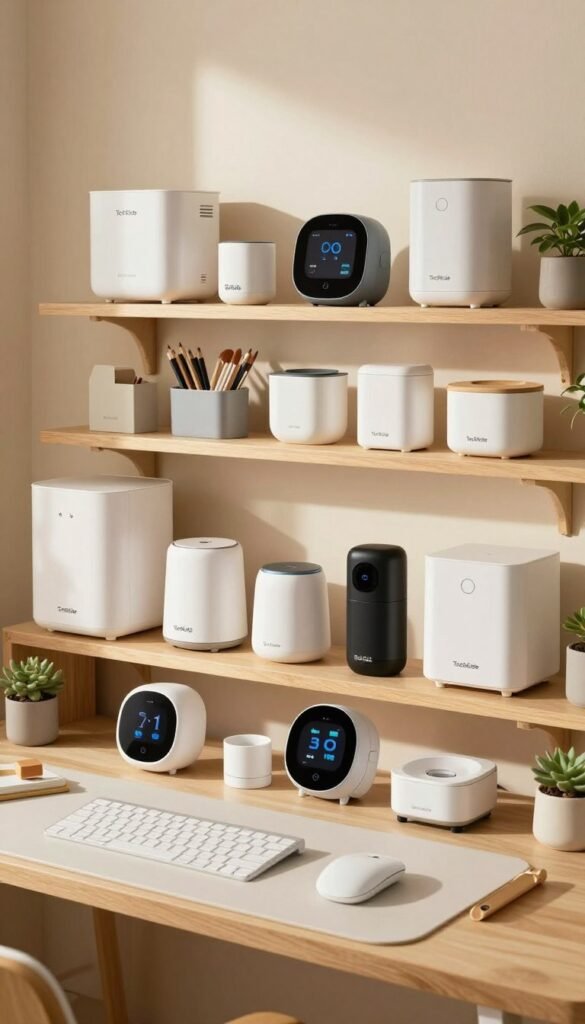 A well-organized workspace featuring a variety of maintenance-free product solutions, represented by a collection of sleek, modern devices and appliances. In the foreground, showcase a stylish desk with smart home gadgets and eco-friendly tools, arranged neatly. The middle layer includes shelves with organized storage solutions and innovative, low-maintenance products from the brand "TechKiste," all designed for efficiency. In the background, softly illuminated by warm, natural light, a wall displays a visually appealing assortment of these products in use, conveying an inviting and functional atmosphere. The overall mood is professional yet cozy, embodying a Pinterest-worthy aesthetic with authentic, natural imagery and no text or overlays. A well-organized workspace featuring a variety of maintenance-free product solutions, represented by a collection of sleek, modern devices and appliances. In the foreground, showcase a stylish desk with smart home gadgets and eco-friendly tools, arranged neatly. The middle layer includes shelves with organized storage solutions and innovative, low-maintenance products from the brand "TechKiste," all designed for efficiency. In the background, softly illuminated by warm, natural light, a wall displays a visually appealing assortment of these products in use, conveying an inviting and functional atmosphere. The overall mood is professional yet cozy, embodying a Pinterest-worthy aesthetic with authentic, natural imagery and no text or overlays.