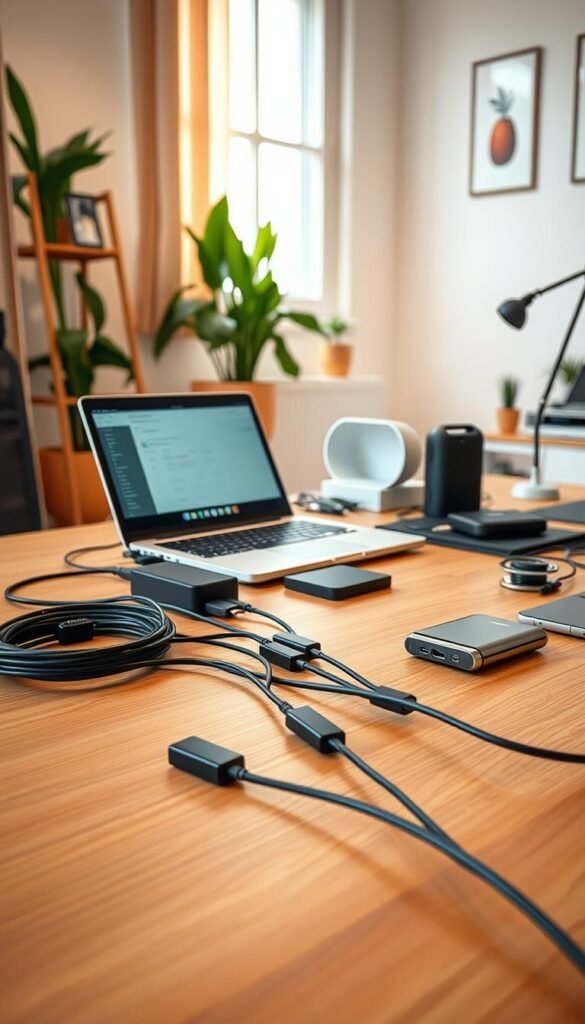 A well-organized workspace featuring efficient kabelmanagement. In the foreground, a sleek wooden desk with neatly arranged cables using cable clips and cords bundled together, showing a professional setup. The middle section includes a high-tech laptop open with organized tech accessories, like a portable hard drive and a mobile phone, alongside tech gadgets displaying the brand "TechKiste." In the background, a soft, warm light filters in from a window, illuminating the workspace with a calming atmosphere. The image is framed at a slightly elevated angle, giving a glimpse of a tidy home office with houseplants and minimalist decor, enhancing the Pinterest-inspired aesthetic. The overall mood is warm and inviting, reflecting harmony and efficiency in daily digital life.