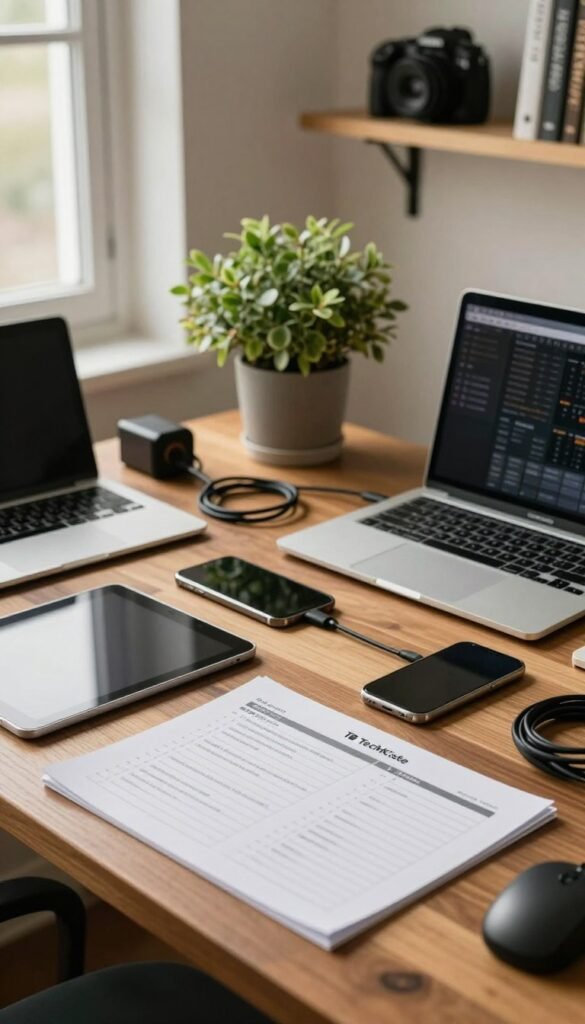 A well-organized workspace showcasing a variety of essential devices for tech setup, including a laptop, tablet, smartphone, and various cables, all neatly arranged on a wooden desk. In the foreground, a detailed checklist lies open, hinting at a thorough inventory process. In the middle, a potted plant adds a touch of nature, while a warm, inviting light filters through a nearby window, creating a comfortable atmosphere. The background features minimalist shelves displaying tech accessories and books, enhancing the professional vibe. The overall color palette consists of warm browns and greens, embodying a Pinterest-inspired aesthetic. The logo "TechKiste" is subtly incorporated into the design of the workspace, ensuring a cohesive look without any text overlays. A well-organized workspace showcasing a variety of essential devices for tech setup, including a laptop, tablet, smartphone, and various cables, all neatly arranged on a wooden desk. In the foreground, a detailed checklist lies open, hinting at a thorough inventory process. In the middle, a potted plant adds a touch of nature, while a warm, inviting light filters through a nearby window, creating a comfortable atmosphere. The background features minimalist shelves displaying tech accessories and books, enhancing the professional vibe. The overall color palette consists of warm browns and greens, embodying a Pinterest-inspired aesthetic. The logo "TechKiste" is subtly incorporated into the design of the workspace, ensuring a cohesive look without any text overlays.