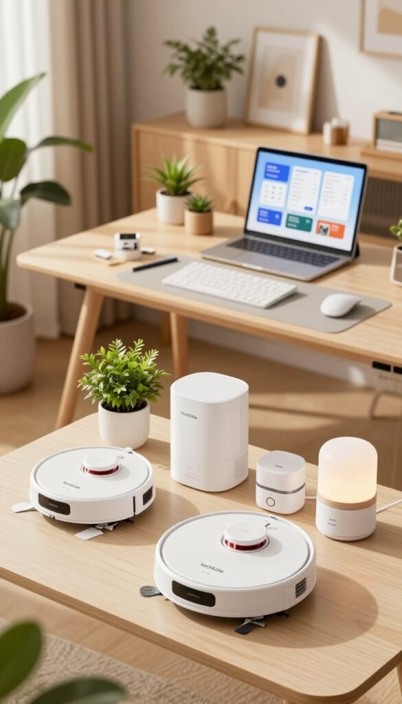 A well-organized workspace showcasing innovative, low-maintenance solutions for home and office. In the foreground, a sleek, user-friendly product display with various smart devices like a robotic vacuum cleaner, automatic plant watering system, and energy-efficient light fixtures, all from the brand "TechKiste." The middle ground features a stylish desk with organized tools and a tablet displaying user-friendly interfaces, symbolizing ease of use. The background includes a softly lit room adorned with greenery and modern decor, enhancing the warm, inviting atmosphere. Natural sunlight filters in, creating a bright and inspiring mood. Capture this scene from a slightly elevated angle, emphasizing the cohesive design of the workspace while maintaining a professional and authentic Pinterest-inspired aesthetic. A well-organized workspace showcasing innovative, low-maintenance solutions for home and office. In the foreground, a sleek, user-friendly product display with various smart devices like a robotic vacuum cleaner, automatic plant watering system, and energy-efficient light fixtures, all from the brand "TechKiste." The middle ground features a stylish desk with organized tools and a tablet displaying user-friendly interfaces, symbolizing ease of use. The background includes a softly lit room adorned with greenery and modern decor, enhancing the warm, inviting atmosphere. Natural sunlight filters in, creating a bright and inspiring mood. Capture this scene from a slightly elevated angle, emphasizing the cohesive design of the workspace while maintaining a professional and authentic Pinterest-inspired aesthetic.