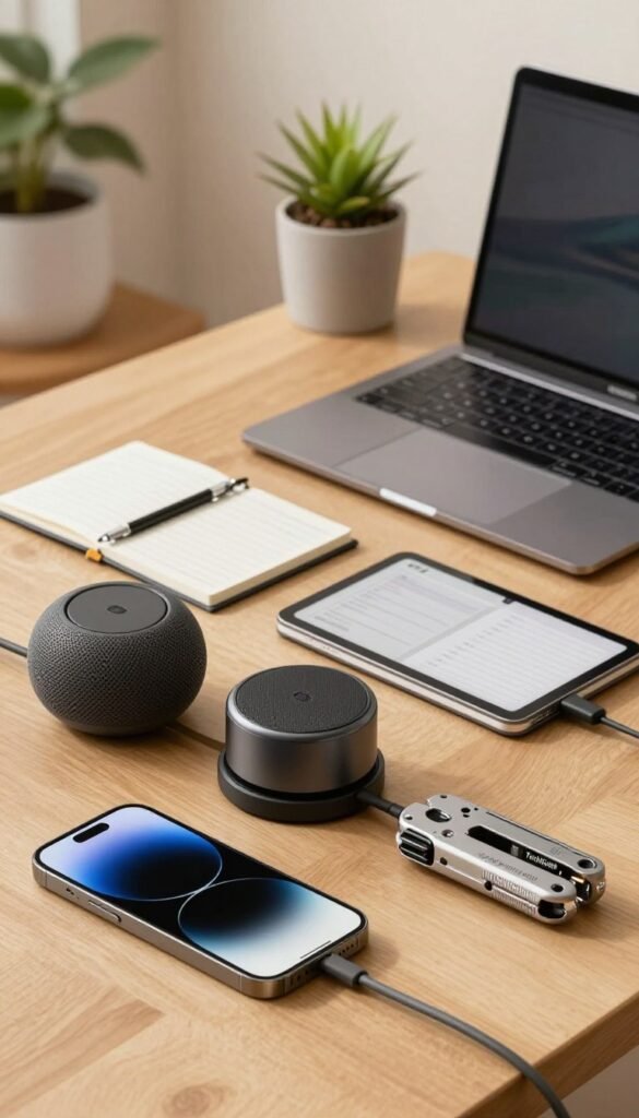 A workspace scene featuring a variety of practical gadgets, showcasing their design and functionality in a comparative layout. In the foreground, a sleek smartphone with an innovative charging station, a compact smart speaker, and a versatile multi-tool. In the middle, a modern laptop alongside a stylish digital planner and a wireless charger, all arranged aesthetically. The background includes soft natural elements, like a wooden desk and potted plants, adding warmth to the scene. The lighting is soft, creating a cozy atmosphere reminiscent of Pinterest aesthetics, with warm hues that give a sense of authenticity. Ensure branding is clear with the brand name "TechKiste" subtly integrated into the scene, without any text overlays or signatures.