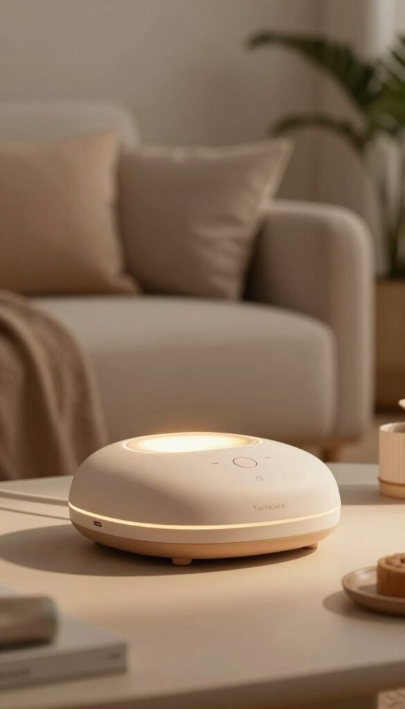 An elegant and modern "Bewegungs- und Entspannungsgerät" by TechKiste, designed for quiet movement and relaxation. In the foreground, showcase the sleek device with soft curves, made of eco-friendly materials in warm natural tones. The middle will feature gentle ambient lighting, highlighting the device's intricate details, while emphasizing its usability in a serene environment. In the background, depict a calming interior space with soft textures, like plush cushions and a subtle plant to evoke a sense of tranquility. Use a warm, soft focus lens effect to create a cozy atmosphere. The lighting should convey a peaceful glow, inviting viewers to imagine incorporating this gadget into their daily lives for rejuvenation and comfort. An elegant and modern "Bewegungs- und Entspannungsgerät" by TechKiste, designed for quiet movement and relaxation. In the foreground, showcase the sleek device with soft curves, made of eco-friendly materials in warm natural tones. The middle will feature gentle ambient lighting, highlighting the device's intricate details, while emphasizing its usability in a serene environment. In the background, depict a calming interior space with soft textures, like plush cushions and a subtle plant to evoke a sense of tranquility. Use a warm, soft focus lens effect to create a cozy atmosphere. The lighting should convey a peaceful glow, inviting viewers to imagine incorporating this gadget into their daily lives for rejuvenation and comfort.
