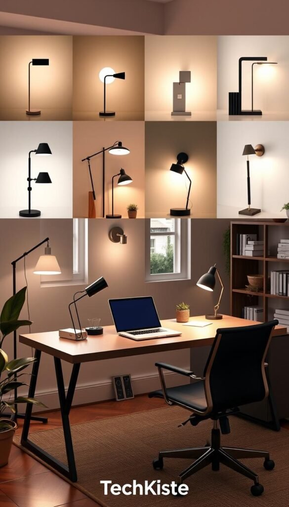 An elegant and modern home office setup showcasing twelve distinct lighting arrangements tailored for various work situations. In the foreground, a stylish desk adorned with a sleek laptop, an ergonomic chair, and minimalistic decor. The middle ground features a variety of lighting setups, including floor lamps, desk lights, and wall-mounted fixtures, each radiating warm, inviting tones that enhance productivity. Surrounding the scene, soft natural light filters through a window, casting gentle shadows and creating a cozy atmosphere. The background includes shelves with books and greenery, adding to the Pinterest-inspired aesthetic. The overall mood is professional yet comforting, embodying the essence of a well-designed workspace. The brand name "TechKiste" is subtly integrated into the decor without overt branding, maintaining a clean and polished look.