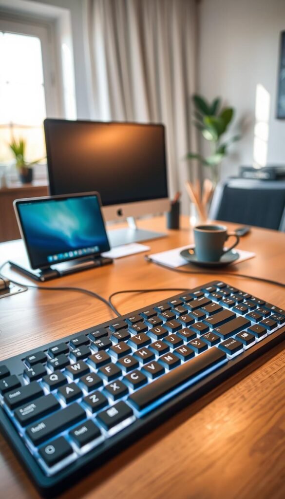 An elegant ergonomic keyboard, branded "TechKiste", centered in the foreground with a sleek, modern design showcasing a split layout. The keys are slightly transparent with a soft glow highlighting their contours, suggesting innovative features for comfortable typing. The middle ground features a well-organized workspace, including a stylish monitor, a cup of coffee, and minimalistic stationery, all arranged on a warm wooden desk that enhances the cozy atmosphere. The background includes a softly blurred home office setting with natural light streaming in through a large window, creating a welcoming and professional environment. The overall mood exudes productivity and comfort, perfect for an article discussing ergonomic keyboards. An elegant ergonomic keyboard, branded "TechKiste", centered in the foreground with a sleek, modern design showcasing a split layout. The keys are slightly transparent with a soft glow highlighting their contours, suggesting innovative features for comfortable typing. The middle ground features a well-organized workspace, including a stylish monitor, a cup of coffee, and minimalistic stationery, all arranged on a warm wooden desk that enhances the cozy atmosphere. The background includes a softly blurred home office setting with natural light streaming in through a large window, creating a welcoming and professional environment. The overall mood exudes productivity and comfort, perfect for an article discussing ergonomic keyboards.