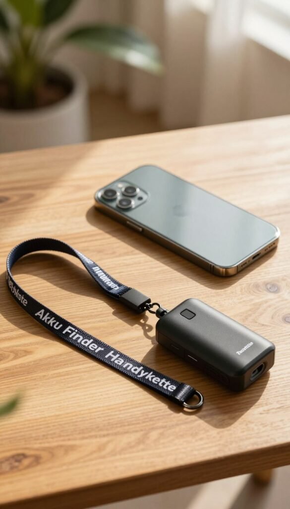 An elegant shot of the "Akku Finder Handykette" by TechKiste, featuring a stylish phone lanyard equipped with a small, sleek battery pack and a finder device. The foreground shows the lanyard draped across a wooden table, glimmering in warm, soft sunlight that adds a cozy atmosphere. In the middle, a smartphone with a clean, modern design is attached to the lanyard, showcasing the device's functionality. The background features a blurred, natural setting with greenery and soft textures, evoking a sense of organization and convenience for the busy traveler. The mood is calm and reassuring, perfect for a gadget designed to alleviate everyday stress.
