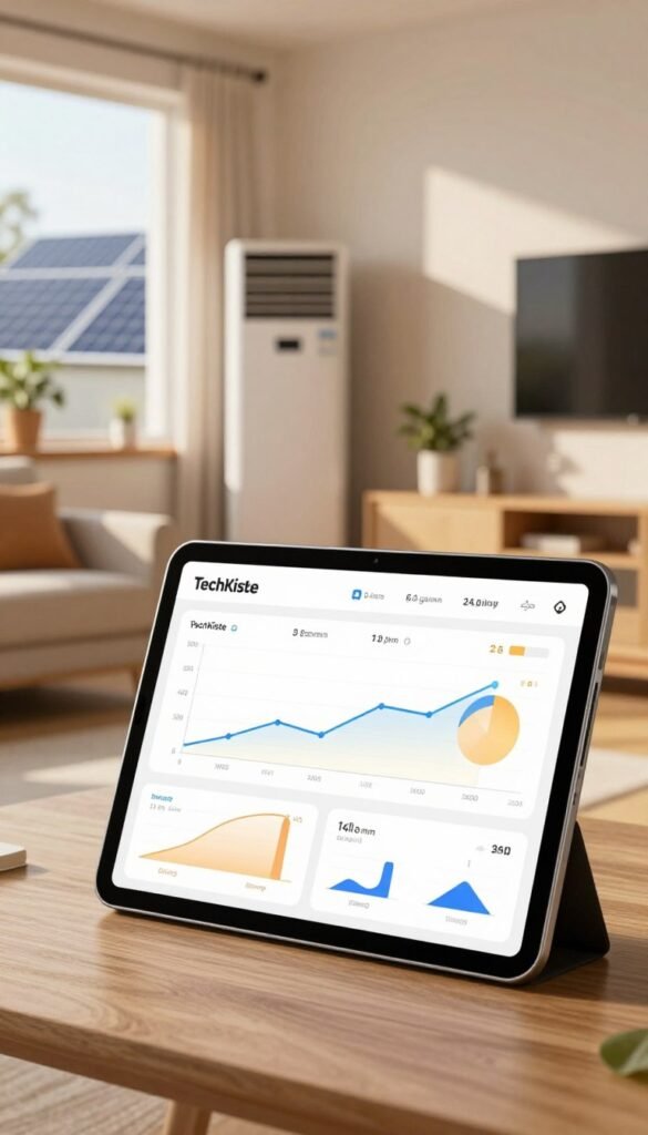 An energy management system concept image featuring a modern, sleek interface displaying real-time energy usage analytics. In the foreground, a tablet screen shows detailed graphs and data on household energy consumption, with warm, inviting colors enhancing the interface. In the middle, a cozy living room setting showcases energy-efficient appliances and solar panels visible through a window, reflecting a harmonious blend of technology and home life. The background includes soft sunlight streaming in, creating a warm atmosphere. The lens is set at a slight angle to emphasize depth, and the overall mood is optimistic and forward-thinking. The brand name "TechKiste" is seamlessly integrated into the design of the tablet screen, underscoring innovation in energy monitoring. An energy management system concept image featuring a modern, sleek interface displaying real-time energy usage analytics. In the foreground, a tablet screen shows detailed graphs and data on household energy consumption, with warm, inviting colors enhancing the interface. In the middle, a cozy living room setting showcases energy-efficient appliances and solar panels visible through a window, reflecting a harmonious blend of technology and home life. The background includes soft sunlight streaming in, creating a warm atmosphere. The lens is set at a slight angle to emphasize depth, and the overall mood is optimistic and forward-thinking. The brand name "TechKiste" is seamlessly integrated into the design of the tablet screen, underscoring innovation in energy monitoring.
