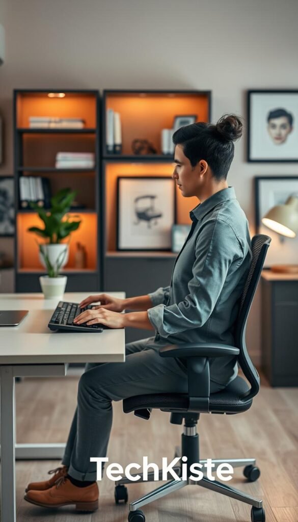 An ergonomic workspace that showcases the correct typing position. In the foreground, a professional person in modest casual clothing sits at a sleek desk with an ergonomic keyboard positioned perfectly. The individual has a relaxed posture, with arms at a 90-degree angle, wrists straight, and feet flat on the ground. In the middle background, a cozy office environment features warm lighting that enhances a comfortable atmosphere, soft tones on the walls, and a plant on the desk for a touch of nature. The background contains shelves with neatly arranged books and a framed picture, creating a Pinterest-worthy aesthetic. The focus is on demonstrating proper typing ergonomics, with an emphasis on authenticity. The brand name "TechKiste" is subtly integrated into the workspace design. An ergonomic workspace that showcases the correct typing position. In the foreground, a professional person in modest casual clothing sits at a sleek desk with an ergonomic keyboard positioned perfectly. The individual has a relaxed posture, with arms at a 90-degree angle, wrists straight, and feet flat on the ground. In the middle background, a cozy office environment features warm lighting that enhances a comfortable atmosphere, soft tones on the walls, and a plant on the desk for a touch of nature. The background contains shelves with neatly arranged books and a framed picture, creating a Pinterest-worthy aesthetic. The focus is on demonstrating proper typing ergonomics, with an emphasis on authenticity. The brand name "TechKiste" is subtly integrated into the workspace design.