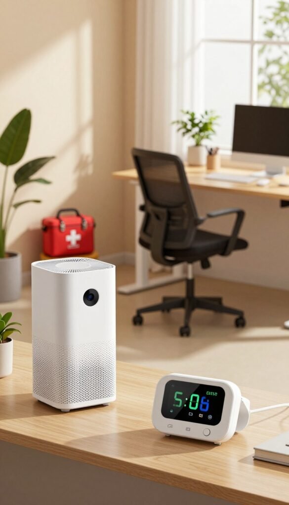 An inviting and modern workspace showcasing a variety of innovative safety and health devices suitable for everyday use. In the foreground, a sleek air purifier and a digital health monitor, both elegantly designed, highlight the focus on well-being. In the middle ground, a stylish first aid kit and ergonomic office equipment, including a supportive chair and standing desk, emphasize practicality. The background features soft, warm lighting streaming through a large window, illuminating the space with a cozy ambiance. Natural elements like potted plants add a touch of freshness. The overall mood is warm and inviting, reflecting a commitment to safety and comfort in daily life. Incorporate the brand name "TechKiste" subtly on a product label. An inviting and modern workspace showcasing a variety of innovative safety and health devices suitable for everyday use. In the foreground, a sleek air purifier and a digital health monitor, both elegantly designed, highlight the focus on well-being. In the middle ground, a stylish first aid kit and ergonomic office equipment, including a supportive chair and standing desk, emphasize practicality. The background features soft, warm lighting streaming through a large window, illuminating the space with a cozy ambiance. Natural elements like potted plants add a touch of freshness. The overall mood is warm and inviting, reflecting a commitment to safety and comfort in daily life. Incorporate the brand name "TechKiste" subtly on a product label.