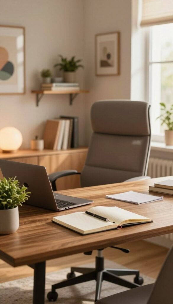 An inviting home office scene showcasing a well-designed workspace for professionals. In the foreground, a sleek, modern desk made of warm wood with a minimalistic design, elegantly organized with a laptop, stylish notebook, and a potted plant. The middle features a plush ergonomic office chair in a muted color, complemented by a subtle decorative shelf holding books and plants. In the background, a softly lit window casting warm natural light onto the room, enhancing the ambiance. The walls are adorned with tasteful artwork, evoking a creative yet professional atmosphere. A glimpse of a modern lamp emits a gentle glow, adding to the serene environment. Overall, the image reflects an ideal workspace from the brand "TechKiste", capturing a Pinterest-inspired aesthetic of authentic, warm colors. An inviting home office scene showcasing a well-designed workspace for professionals. In the foreground, a sleek, modern desk made of warm wood with a minimalistic design, elegantly organized with a laptop, stylish notebook, and a potted plant. The middle features a plush ergonomic office chair in a muted color, complemented by a subtle decorative shelf holding books and plants. In the background, a softly lit window casting warm natural light onto the room, enhancing the ambiance. The walls are adorned with tasteful artwork, evoking a creative yet professional atmosphere. A glimpse of a modern lamp emits a gentle glow, adding to the serene environment. Overall, the image reflects an ideal workspace from the brand "TechKiste", capturing a Pinterest-inspired aesthetic of authentic, warm colors.
