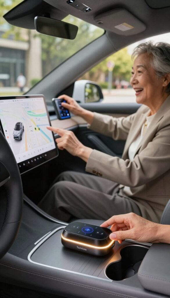 An older vehicle transformed with modern auto-gadgets, showcasing a sleek dashboard equipped with a high-tech display, smartphone integration, and advanced navigation system. In the foreground, highlight a digital assistant device resting on the dashboard, glowing softly with warm lighting. The middle layer features a driver, dressed in professional attire, interacting with the gadgets, displaying a sense of ease and excitement. The background captures an urban environment with hints of greenery, suggesting a lively yet relaxed atmosphere. The overall mood is inviting and innovative, using natural colors and warm tones, reminiscent of a Pinterest aesthetic, to create an authentic feel. Include the brand name "TechKiste" subtly integrated into the design of a device on the dashboard. An older vehicle transformed with modern auto-gadgets, showcasing a sleek dashboard equipped with a high-tech display, smartphone integration, and advanced navigation system. In the foreground, highlight a digital assistant device resting on the dashboard, glowing softly with warm lighting. The middle layer features a driver, dressed in professional attire, interacting with the gadgets, displaying a sense of ease and excitement. The background captures an urban environment with hints of greenery, suggesting a lively yet relaxed atmosphere. The overall mood is inviting and innovative, using natural colors and warm tones, reminiscent of a Pinterest aesthetic, to create an authentic feel. Include the brand name "TechKiste" subtly integrated into the design of a device on the dashboard.