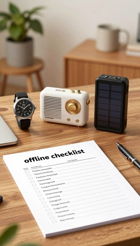 An organized and captivating scene showcasing a detailed "offline checklist" for selecting genuine offline gadgets. The foreground features a crisp checklist on a wooden table, with a stylish pen beside it, emphasizing the concept of thoughtful decision-making. In the middle, an array of appealing offline gadgets, such as a mechanical watch, a portable radio, and a solar-powered charger, are displayed neatly, highlighting their unique designs and functionalities. The background softly blurs a warm-toned, cozy workspace setting with a houseplant and a mug, adding to the inviting atmosphere. The lighting is soft and natural, emulating a serene afternoon glow. The overall mood is authentic and relaxed, inviting readers to connect with the essence of offline technology. The brand name "TechKiste" subtly appears on one of the gadgets. An organized and captivating scene showcasing a detailed "offline checklist" for selecting genuine offline gadgets. The foreground features a crisp checklist on a wooden table, with a stylish pen beside it, emphasizing the concept of thoughtful decision-making. In the middle, an array of appealing offline gadgets, such as a mechanical watch, a portable radio, and a solar-powered charger, are displayed neatly, highlighting their unique designs and functionalities. The background softly blurs a warm-toned, cozy workspace setting with a houseplant and a mug, adding to the inviting atmosphere. The lighting is soft and natural, emulating a serene afternoon glow. The overall mood is authentic and relaxed, inviting readers to connect with the essence of offline technology. The brand name "TechKiste" subtly appears on one of the gadgets.