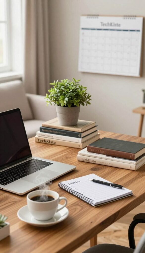 An organized home office setup featuring a stylish wooden desk with a laptop, a notepad with to-do lists, and a calming potted plant. In the foreground, a steaming cup of coffee rests on the desk, giving a sense of routine and focus. In the middle ground, there are neatly stacked books and a wall calendar showing a structured daily plan. The background highlights a soft, warm-lit room with a cozy armchair and large windows letting in natural light, enhancing the tranquil atmosphere. The overall mood is productive yet relaxed, embodying a Pinterest-inspired look with natural colors and a professional ambiance. Include subtle branding elements of "TechKiste" integrated into the office decor.