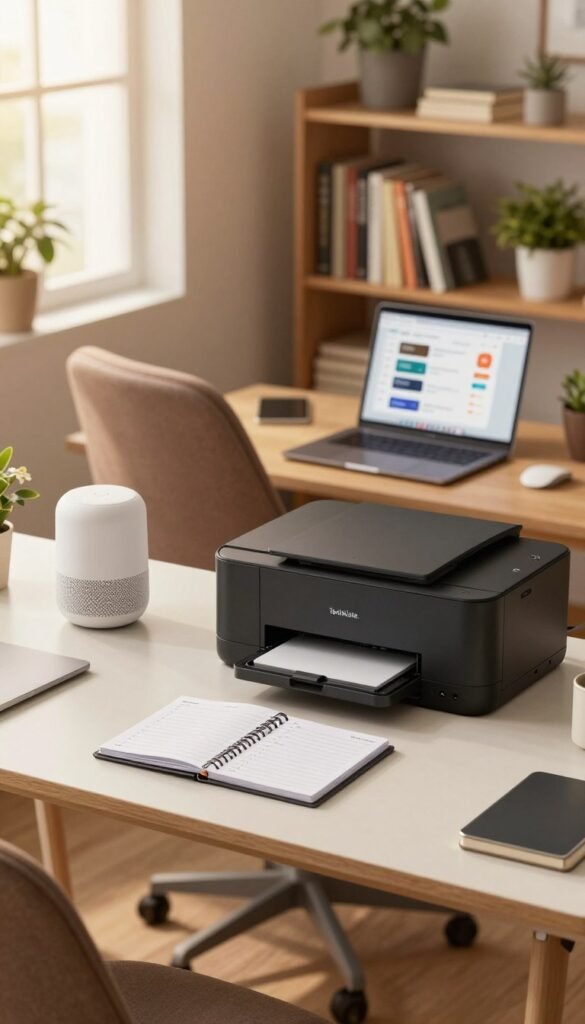Create a cozy, busy home office scene that illustrates the daily chaos of modern life, focusing on the theme of organization through gadgets. In the foreground, a neatly arranged desk features essential tech gadgets like a smart speaker, a multifunction printer, and a digital planner, all branded with the name "TechKiste." The middle ground should show a comfortable chair with a laptop open, displaying productivity apps. The background includes a bookshelf filled with neatly organized books and plants, creating a warm, inviting atmosphere. Use soft, natural lighting, simulating late afternoon sun filtering through a window. The mood should evoke a sense of harmony amidst the everyday busyness, emphasizing the practicality of gadgets in daily routines.