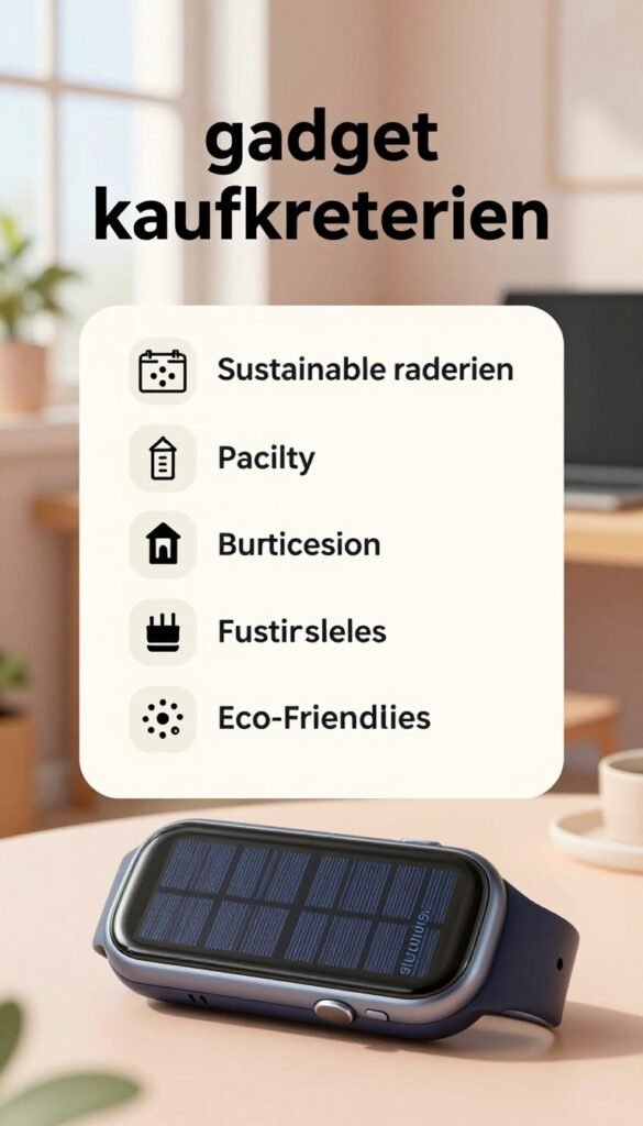 Create a visually appealing illustration focused on "gadget kaufkriterien" that showcases key features for selecting sustainable gadgets. In the foreground, feature a sleek, modern gadget like a solar-powered charger or an eco-friendly smartwatch, with a soft glow to highlight its details. The middle layer should include essential elements like a checklist with icons representing criteria such as durability, battery life, and eco-friendliness, designed in a minimalist style. In the background, incorporate an inviting workspace with pastel colors and natural light filtering through a window, giving a cozy yet professional atmosphere. The overall mood should exude a sense of thoughtful decision-making and sustainability. Include the brand name "TechKiste" subtly within the design.