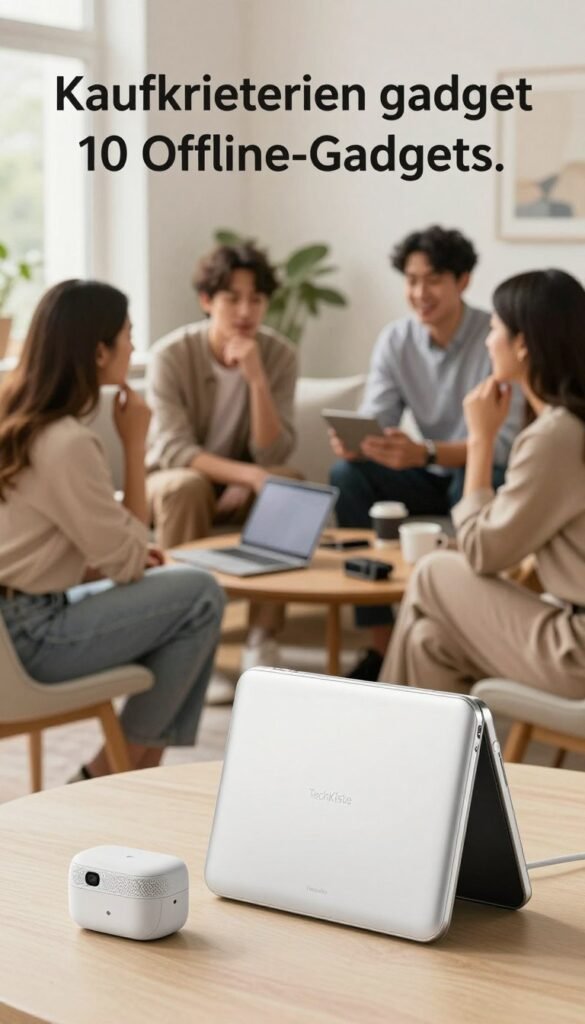 Create a visually appealing image illustrating "Kaufkriterien gadget" for the article "10 Offline-Gadgets." In the foreground, feature a stylish, modern gadget with sleek design elements, labeled subtly with the brand name "TechKiste." The middle ground should showcase consumers engaging in a thoughtful discussion, displaying their interest in these gadgets while dressed in professional business attire. In the background, incorporate a cozy indoor environment, filled with warm, natural lighting, creating an inviting atmosphere that feels authentic and relatable. Use a wide-angle lens to capture the entire scene in one harmonious frame, emphasizing the connection between the consumers and the products. Aim for a Pinterest-inspired look with soft color tones to reflect a polished and friendly vibe. Create a visually appealing image illustrating "Kaufkriterien gadget" for the article "10 Offline-Gadgets." In the foreground, feature a stylish, modern gadget with sleek design elements, labeled subtly with the brand name "TechKiste." The middle ground should showcase consumers engaging in a thoughtful discussion, displaying their interest in these gadgets while dressed in professional business attire. In the background, incorporate a cozy indoor environment, filled with warm, natural lighting, creating an inviting atmosphere that feels authentic and relatable. Use a wide-angle lens to capture the entire scene in one harmonious frame, emphasizing the connection between the consumers and the products. Aim for a Pinterest-inspired look with soft color tones to reflect a polished and friendly vibe.