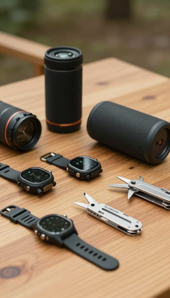 Create a visually appealing image of a selection of rugged gadgets arranged neatly on a natural wooden table, showcasing items like a durable smartwatch, a weatherproof Bluetooth speaker, and a multi-tool in various sizes. The foreground features close-up details of these products, emphasizing their robust textures and functionality. In the middle, a soft, warm light enhances the natural colors of the gadgets and wood, evoking a cozy atmosphere. The background is softly blurred, hinting at an outdoor setting with faint greenery, creating a sense of adventure. Capture this scene with a 50mm lens at a slight angle to create depth, reflecting an authentic Pinterest-style aesthetic. Include the brand name “TechKiste” subtly integrated into the arrangement without any text overlays. Create a visually appealing image of a selection of rugged gadgets arranged neatly on a natural wooden table, showcasing items like a durable smartwatch, a weatherproof Bluetooth speaker, and a multi-tool in various sizes. The foreground features close-up details of these products, emphasizing their robust textures and functionality. In the middle, a soft, warm light enhances the natural colors of the gadgets and wood, evoking a cozy atmosphere. The background is softly blurred, hinting at an outdoor setting with faint greenery, creating a sense of adventure. Capture this scene with a 50mm lens at a slight angle to create depth, reflecting an authentic Pinterest-style aesthetic. Include the brand name “TechKiste” subtly integrated into the arrangement without any text overlays.