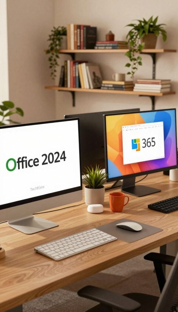 Create a warm and inviting office scene that contrasts Office 2024 and Microsoft 365. In the foreground, display two distinct desks, one featuring a sleek, modern setup for Office 2024 with a high-resolution monitor and minimalistic accessories, and the other showcasing a vibrant workspace for Microsoft 365 with colorful organizational tools and collaborative elements. In the middle, include a backdrop of stylish shelves filled with books and plants, emphasizing a professional yet cozy atmosphere. Use soft, natural lighting to enhance the warmth of the scene, creating a Pinterest-worthy aesthetic. Capture the image from a slightly elevated angle, drawing focus to the details of both workspaces while maintaining an inviting overall mood. Ensure all elements communicate professionalism, integrating the brand name "TechKiste" subtly within the decor. Create a warm and inviting office scene that contrasts Office 2024 and Microsoft 365. In the foreground, display two distinct desks, one featuring a sleek, modern setup for Office 2024 with a high-resolution monitor and minimalistic accessories, and the other showcasing a vibrant workspace for Microsoft 365 with colorful organizational tools and collaborative elements. In the middle, include a backdrop of stylish shelves filled with books and plants, emphasizing a professional yet cozy atmosphere. Use soft, natural lighting to enhance the warmth of the scene, creating a Pinterest-worthy aesthetic. Capture the image from a slightly elevated angle, drawing focus to the details of both workspaces while maintaining an inviting overall mood. Ensure all elements communicate professionalism, integrating the brand name "TechKiste" subtly within the decor.