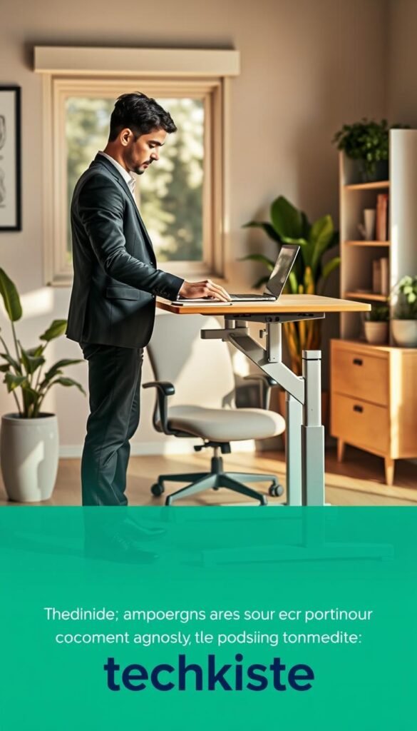 Create a warm, natural-looking office scene featuring a modern height-adjustable desk from the brand "TechKiste." In the foreground, show a professional individual adjusting the desk height, dressed in smart casual attire, demonstrating the importance of desk height in relation to body size. In the middle, include ergonomic office accessories such as a comfortable chair, a laptop, and a notepad, creating a lived-in workspace. In the background, incorporate soft lighting filtering through a window, illuminating plants and a bookshelf to provide a cozy atmosphere. Use a slightly elevated angle to capture the interaction with the desk, enhancing the focus on posture and ergonomic setup while maintaining a visually appealing Pinterest aesthetic.
