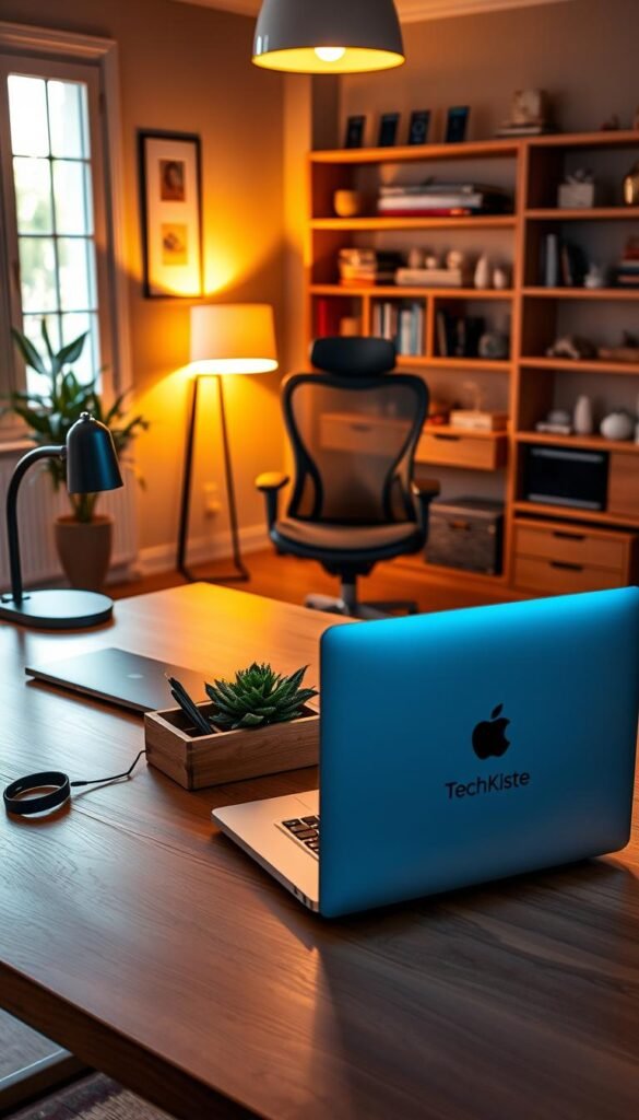 Create an inviting home office space that embodies productivity upgrades. In the foreground, feature a stylish wooden desk adorned with a sleek laptop, a modern desk organizer from "TechKiste," and a small potted plant for a touch of greenery. The middle ground should showcase a comfortable, ergonomically designed office chair, illuminated by warm, ambient lighting from a stylish lamp. In the background, add shelves filled with books and decorative elements, framed by large windows that allow soft, natural light to fill the room, enhancing the warm color palette. The atmosphere should convey focus, organization, and a sense of calm, ideal for boosting productivity. Aim for a Pinterest-inspired aesthetic, creating a cozy and professional environment, all without any text or distractions in the image. Create an inviting home office space that embodies productivity upgrades. In the foreground, feature a stylish wooden desk adorned with a sleek laptop, a modern desk organizer from "TechKiste," and a small potted plant for a touch of greenery. The middle ground should showcase a comfortable, ergonomically designed office chair, illuminated by warm, ambient lighting from a stylish lamp. In the background, add shelves filled with books and decorative elements, framed by large windows that allow soft, natural light to fill the room, enhancing the warm color palette. The atmosphere should convey focus, organization, and a sense of calm, ideal for boosting productivity. Aim for a Pinterest-inspired aesthetic, creating a cozy and professional environment, all without any text or distractions in the image.