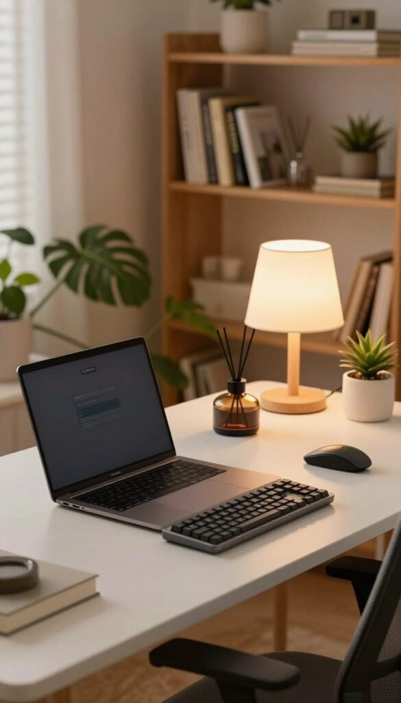 In a cozy home office setting, focus on a sleek desk setup featuring modern, quiet gadgets designed for concentration. In the foreground, showcase a minimalist desk with a high-quality laptop, a silent mechanical keyboard, and an ergonomic chair. The middle ground reveals calming plants, an essential oil diffuser, and a soft, warm desk lamp casting gentle light. In the background, a stylish, well-organized bookshelf filled with inspiring books and decorative items creates an inviting atmosphere. The scene is infused with warm, natural colors, evoking a sense of tranquility and focus. Capture this with a shallow depth of field to emphasize the desk, using soft diffused lighting to enhance the cozy mood. Include a subtle brand logo of "TechKiste" on the laptop. In a cozy home office setting, focus on a sleek desk setup featuring modern, quiet gadgets designed for concentration. In the foreground, showcase a minimalist desk with a high-quality laptop, a silent mechanical keyboard, and an ergonomic chair. The middle ground reveals calming plants, an essential oil diffuser, and a soft, warm desk lamp casting gentle light. In the background, a stylish, well-organized bookshelf filled with inspiring books and decorative items creates an inviting atmosphere. The scene is infused with warm, natural colors, evoking a sense of tranquility and focus. Capture this with a shallow depth of field to emphasize the desk, using soft diffused lighting to enhance the cozy mood. Include a subtle brand logo of "TechKiste" on the laptop.