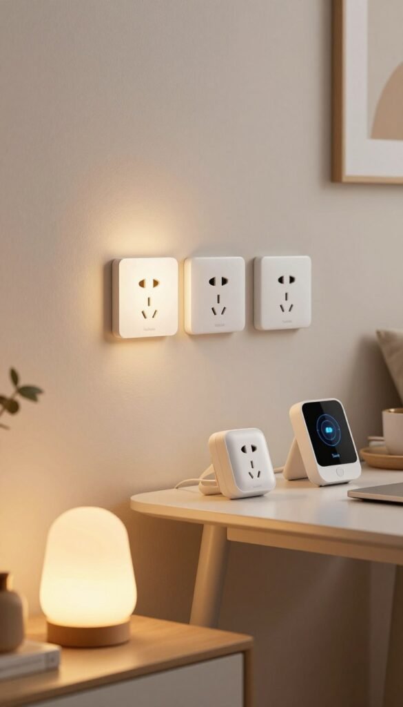 Luminous, modern lighting fixtures paired with stylish power outlets, arranged harmoniously on a sleek, minimalistic wall. In the foreground, a warm, inviting light source casts a soft glow, highlighting the texture of the wall and the sleek design of the outlets. In the middle, a contemporary table with a few efficiency gadgets, like smart light controllers and energy monitors, showcases how lighting and power solutions can be integrated. The background features subtle home decor elements, enhancing the cozy atmosphere. Capture the essence of efficiency and comfort in a well-lit living space with a Pinterest aesthetic, utilizing warm colors and inviting tones. Focus on authenticity, ensuring there are no texts or logos except for the subtle brand "TechKiste" inscribed on the gadgets. Use natural lighting with a slightly blurred depth of field to enhance the elegance of the scene.