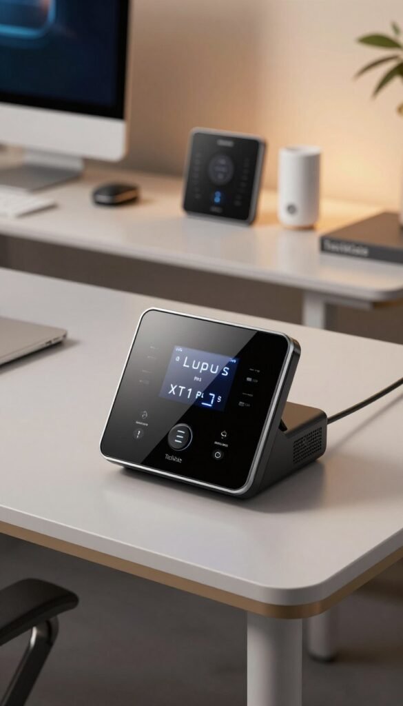 Lupus XT1 Plus alarm system prominently displayed in a modern office setting, showcasing its sleek design and advanced technology features. In the foreground, focus on the alarm unit with a glossy finish and illuminated display, surrounded by a stylish desk with minimalist decor. In the middle background, add high-tech gadgets and smart home devices, emphasizing a futuristic aesthetic. The lighting should be soft and warm, creating an inviting atmosphere with a slight glow reflecting off surfaces. Capture the scene from a slightly elevated angle to provide depth. Overall, convey a high-end, sophisticated vibe that appeals to technology enthusiasts. Include branding subtly with the name "TechKiste" on a nearby product or digital screen, enhancing authenticity without overt text in the image. Lupus XT1 Plus alarm system prominently displayed in a modern office setting, showcasing its sleek design and advanced technology features. In the foreground, focus on the alarm unit with a glossy finish and illuminated display, surrounded by a stylish desk with minimalist decor. In the middle background, add high-tech gadgets and smart home devices, emphasizing a futuristic aesthetic. The lighting should be soft and warm, creating an inviting atmosphere with a slight glow reflecting off surfaces. Capture the scene from a slightly elevated angle to provide depth. Overall, convey a high-end, sophisticated vibe that appeals to technology enthusiasts. Include branding subtly with the name "TechKiste" on a nearby product or digital screen, enhancing authenticity without overt text in the image.