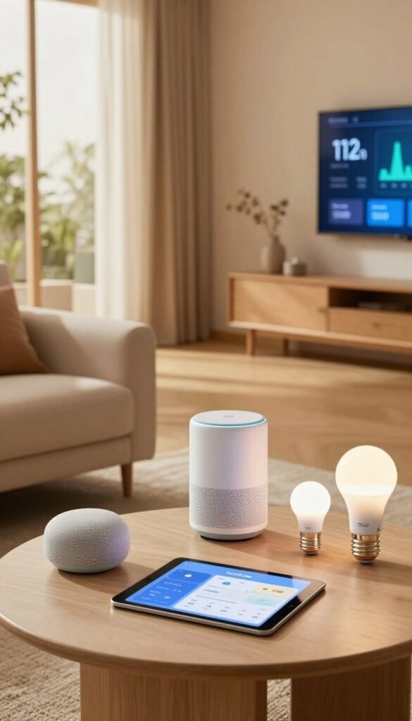 Smart-home gadgets arranged in a modern living room setting, showcasing devices like a sleek smart thermostat, voice-activated smart speaker, and energy-efficient smart light bulbs. The foreground features a stylish coffee table with a tablet displaying the TechKiste app, allowing for automation and energy monitoring. In the middle, the open-plan design highlights a cozy couch and a large window letting in warm, natural light. The background includes a wall-mounted smart screen showing home energy statistics. The overall atmosphere is inviting and tech-savvy, with warm colors and a Pinterest aesthetic. The scene is well-lit with soft, diffused lighting to create a comfortable ambiance, viewed from a slightly elevated angle for a comprehensive perspective on the smart home setup. Smart-home gadgets arranged in a modern living room setting, showcasing devices like a sleek smart thermostat, voice-activated smart speaker, and energy-efficient smart light bulbs. The foreground features a stylish coffee table with a tablet displaying the TechKiste app, allowing for automation and energy monitoring. In the middle, the open-plan design highlights a cozy couch and a large window letting in warm, natural light. The background includes a wall-mounted smart screen showing home energy statistics. The overall atmosphere is inviting and tech-savvy, with warm colors and a Pinterest aesthetic. The scene is well-lit with soft, diffused lighting to create a comfortable ambiance, viewed from a slightly elevated angle for a comprehensive perspective on the smart home setup.