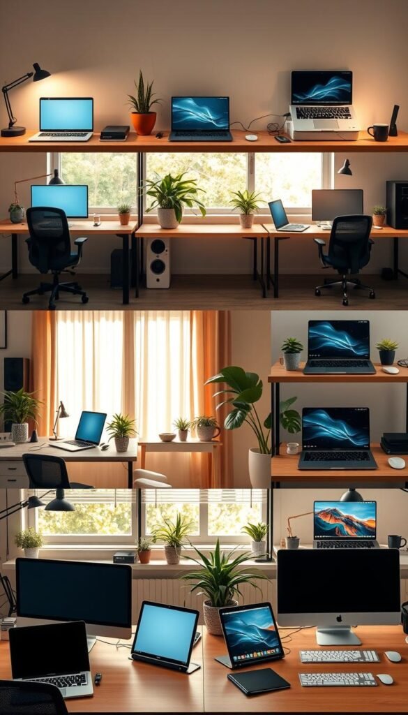 Twelve distinct laptop setups arranged in a Pinterest-inspired layout, showcasing a variety of styles from minimalist to power-desk configurations. The foreground features sleek, modern desks with laptops, ergonomic chairs, and neatly organized cables. In the middle, incorporate vibrant plants and personal touches like notebooks and mugs, enhancing the cozy atmosphere. The background displays warm, natural light filtering through windows, creating an inviting space. Use a shallow depth of field to focus on individual setups while softly blurring the others. Each setup reflects a unique theme, including a minimalist corner, a creative studio, and a high-tech workspace, all designed to inspire productivity. Include subtle branding elements of "TechKiste" in the backdrop for a cohesive look. Twelve distinct laptop setups arranged in a Pinterest-inspired layout, showcasing a variety of styles from minimalist to power-desk configurations. The foreground features sleek, modern desks with laptops, ergonomic chairs, and neatly organized cables. In the middle, incorporate vibrant plants and personal touches like notebooks and mugs, enhancing the cozy atmosphere. The background displays warm, natural light filtering through windows, creating an inviting space. Use a shallow depth of field to focus on individual setups while softly blurring the others. Each setup reflects a unique theme, including a minimalist corner, a creative studio, and a high-tech workspace, all designed to inspire productivity. Include subtle branding elements of "TechKiste" in the backdrop for a cohesive look.