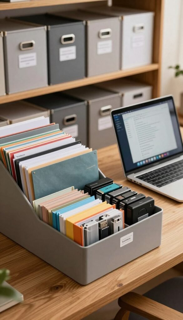 a tidy home office workspace featuring neatly organized documents and data carriers, such as USB drives, hard drives, and folders; the foreground showcases a wooden desk with a stylish desk organizer filled with colorful document files and labels; in the middle area, a laptop is open, displaying a secure file management application; in the background, a shelf filled with secure storage boxes labeled for different categories; warm, natural lighting casts a cozy glow throughout the scene, enhancing the inviting atmosphere; the composition presents an inspiring and professional environment, reminiscent of Pinterest aesthetics; no text or branding except for a subtle logo of "TechKiste" on one storage box; focus on order and security in a home office context. a tidy home office workspace featuring neatly organized documents and data carriers, such as USB drives, hard drives, and folders; the foreground showcases a wooden desk with a stylish desk organizer filled with colorful document files and labels; in the middle area, a laptop is open, displaying a secure file management application; in the background, a shelf filled with secure storage boxes labeled for different categories; warm, natural lighting casts a cozy glow throughout the scene, enhancing the inviting atmosphere; the composition presents an inspiring and professional environment, reminiscent of Pinterest aesthetics; no text or branding except for a subtle logo of "TechKiste" on one storage box; focus on order and security in a home office context.